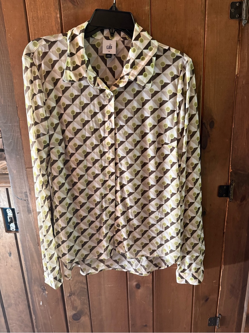 CAbi Geometric Dot Print Button-Up Top in White, Olive, Black